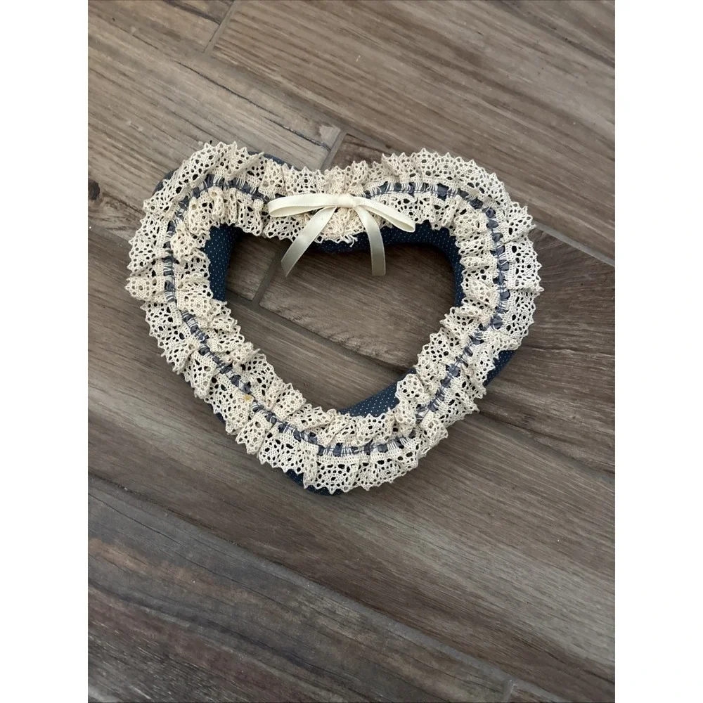 Handmade Fabric Wreath Wall Hanging 8in Blue Floral‎ Lace Cottagecore Decor